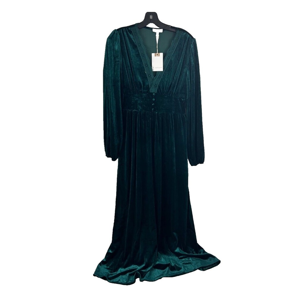 S. Adriana Green Velvet Maxi Dress Lace Trim V Neck Long Sleeve Size M